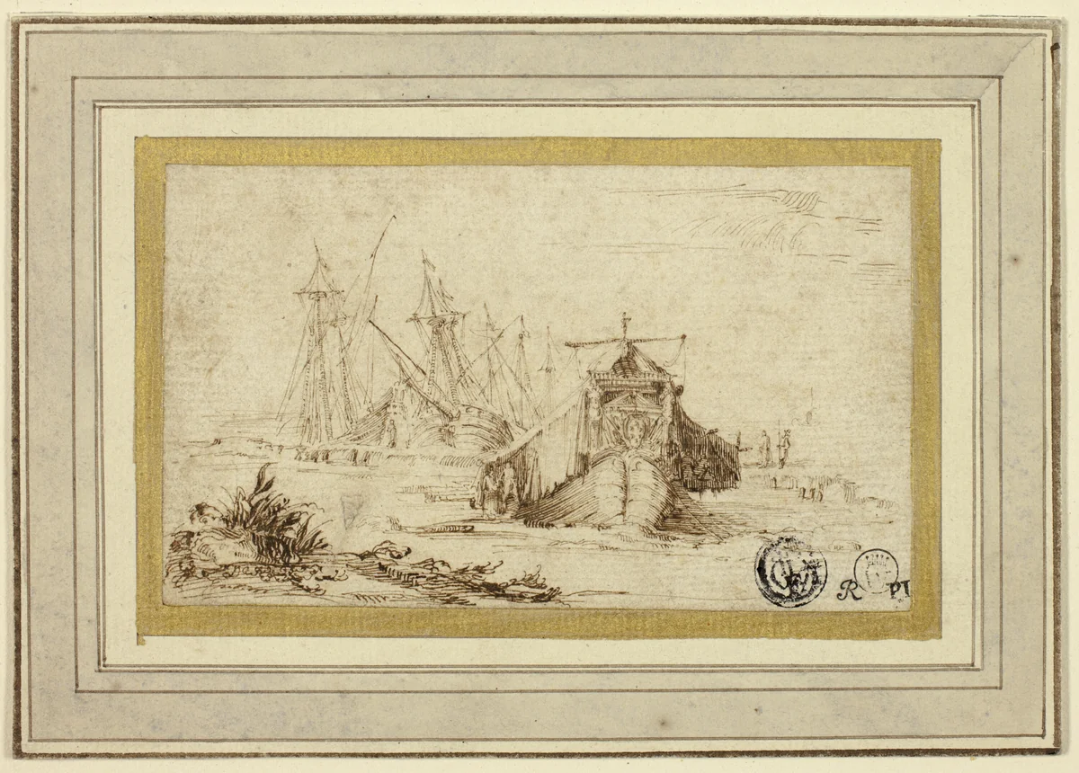 A Tuscan Galley and Other Vessels Near the Shore by Stefano della Bella, drawing, 1626-1642