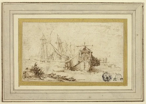 A Tuscan Galley and Other Vessels Near the Shore by Stefano della Bella, drawing, 1626-1642