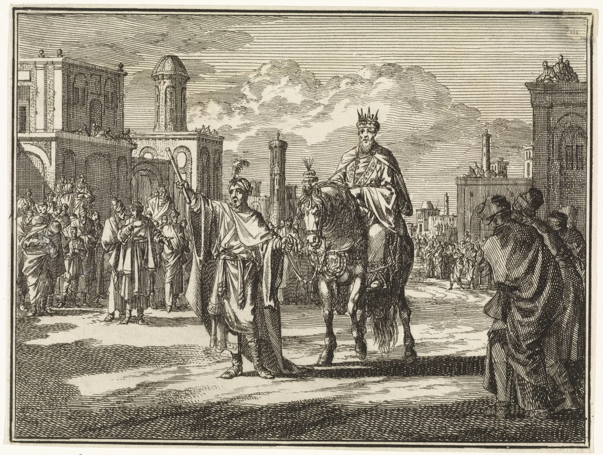 Mordechai in koninklijk gewaad door de stad gevoerd by Jan Luyken, print, 1712