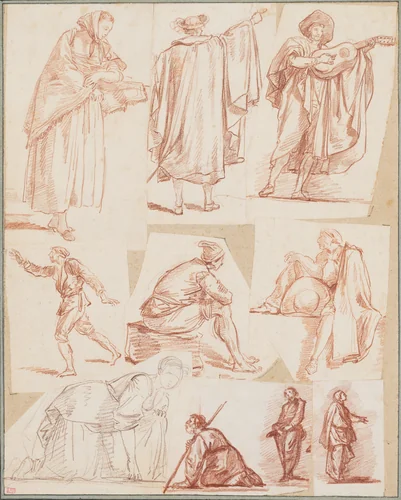 Figure studies mounted on an album page by Hubert Robert, drawing, 1757-1770