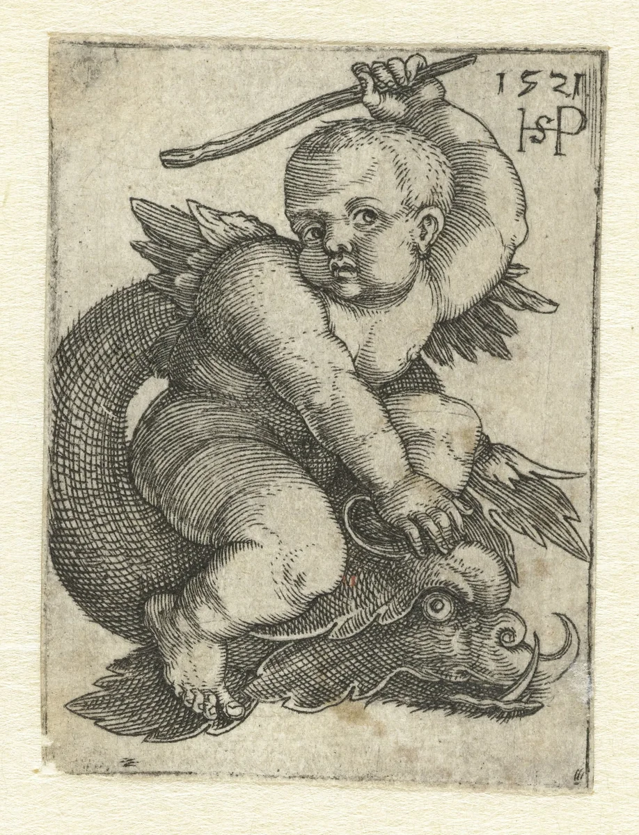 Putto op een dolfijn by Unknown, print, 1521