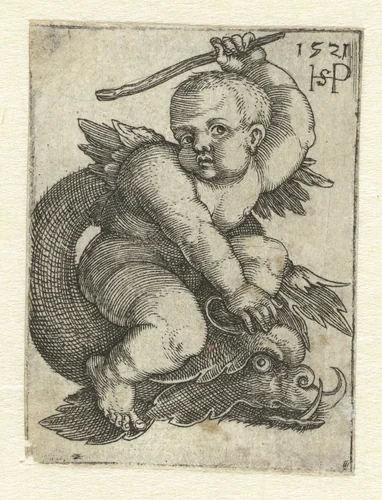 Putto op een dolfijn by Unknown, print, 1521