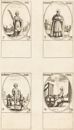 St. Hippolytus; St. Radegund, Queen; St. Cassian; St. Athanasia by Jacques Callot, print, 1627-1637