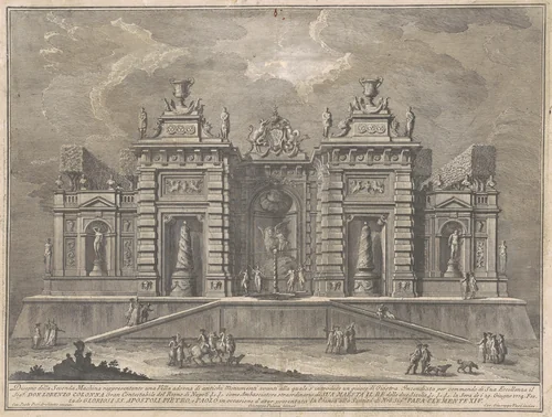 The Seconda Macchina for the Chinea of 1774: A Villa with Ancient Monuments and a Game of "Giostra" by Giuseppe Vasi, print, 1774