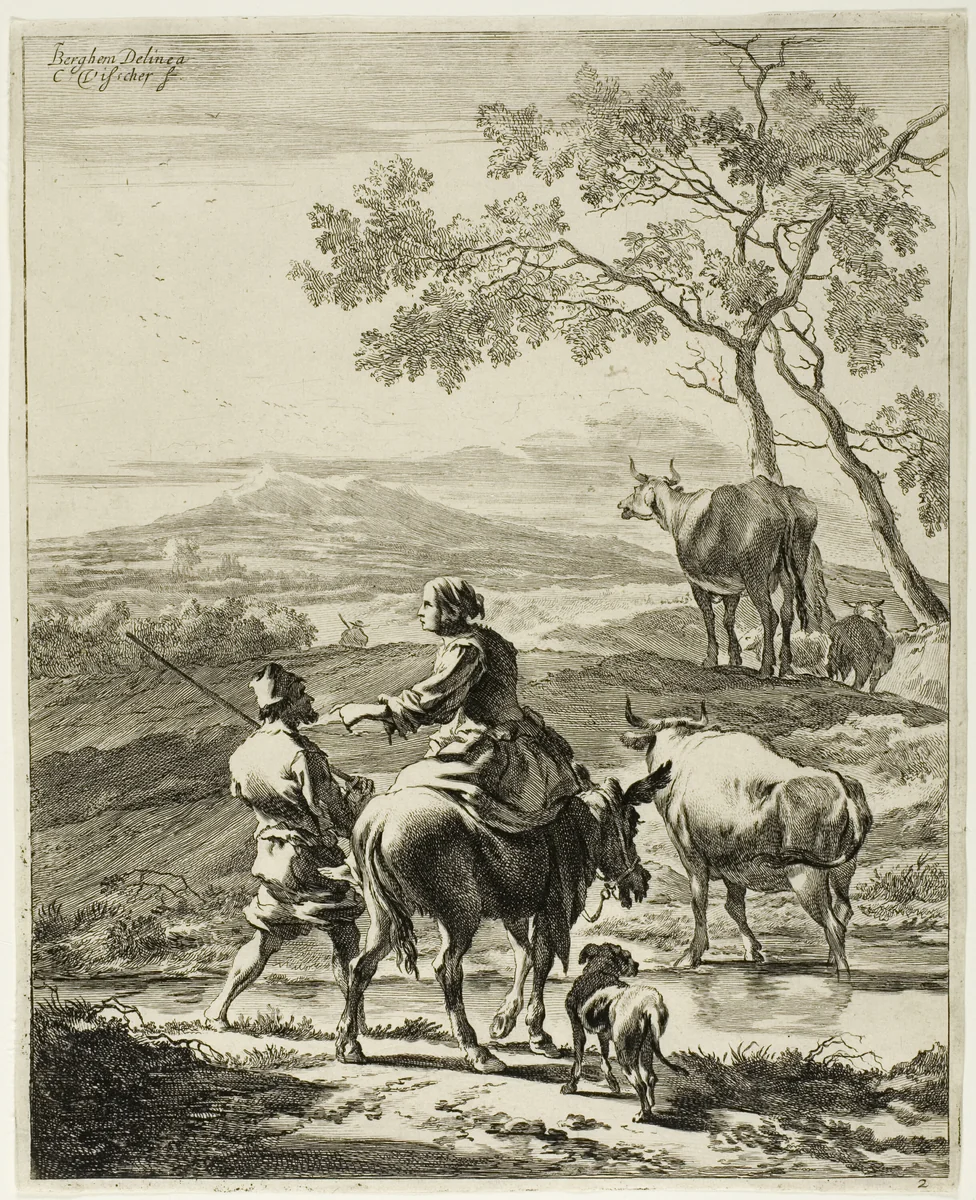 Shepherdess Riding on a Donkey, plate 2 from Four Landscapes by Cornelis Visscher, print, 1650-1660
