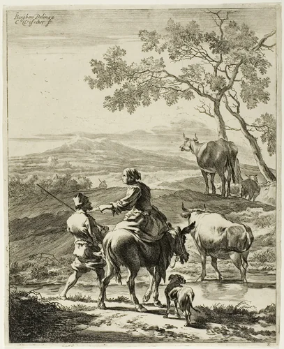 Shepherdess Riding on a Donkey, plate 2 from Four Landscapes by Cornelis Visscher, print, 1650-1660
