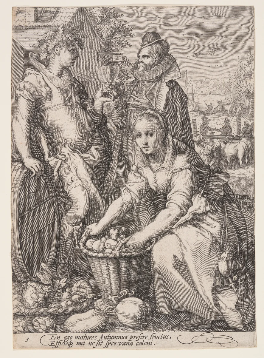 Autumn (Harvesting and Wine Tasting), from The Four Seasons by Jan Saenredam, print, 1595