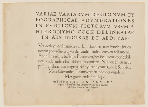 Title Page, from Landscapes with Biblical and Mythological Scenes by Hieronymus Cock, print, 1558
