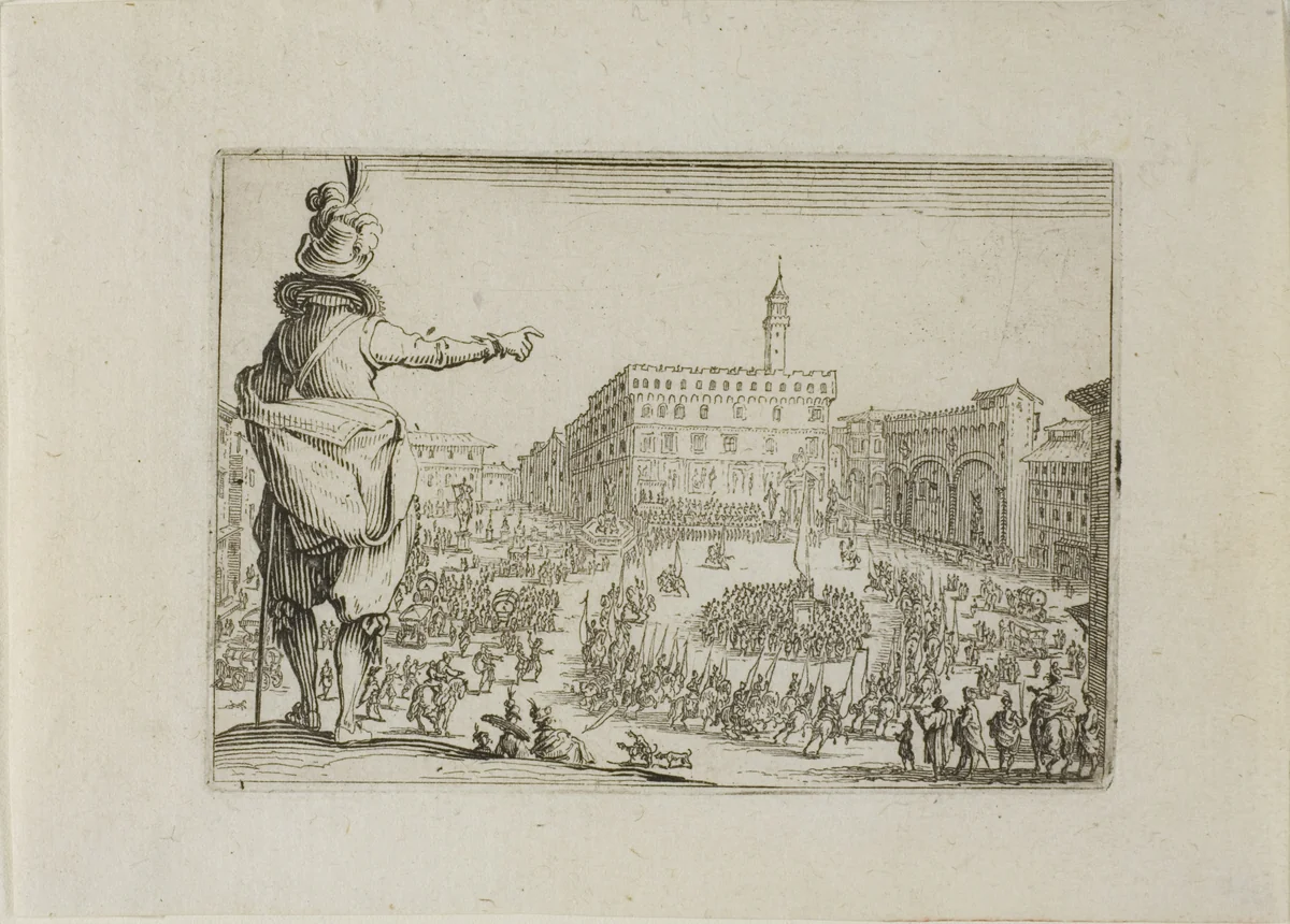 View of Piazza Signoria, from The Caprices by Jacques Callot, print, 1617-1627