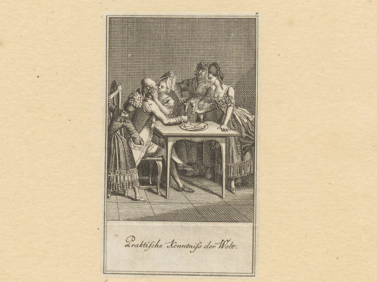 Zoenende man omringd door vrouwen, een van hen steelt zijn portemonnee by Daniel Berger, print, 1773
