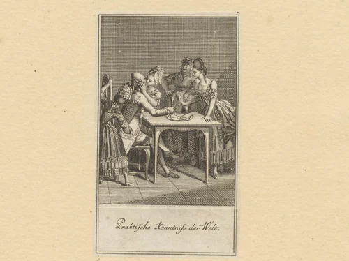 Zoenende man omringd door vrouwen, een van hen steelt zijn portemonnee by Daniel Berger, print, 1773