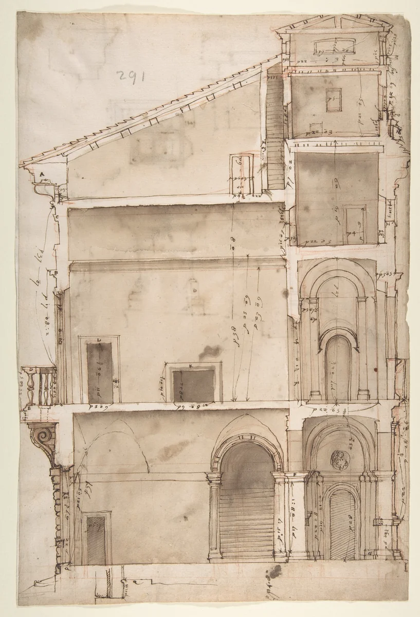 Palazzo Salviati in Rome, section (recto); Palazzo Salviati in Rome, details (verso) by anonymous, drawing, 1500-1560