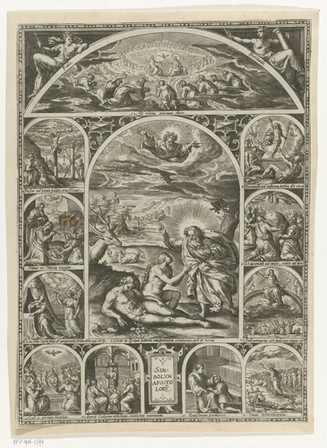 Schepping van Adam en Eva en scènes uit het leven van Christus by anonymous, print, 1560-1620