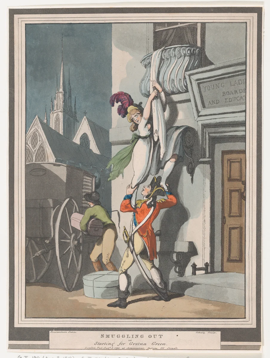 Smuggling Out, or Starting for Gretna Green by Heinrich Joseph Schütz, print, 1798