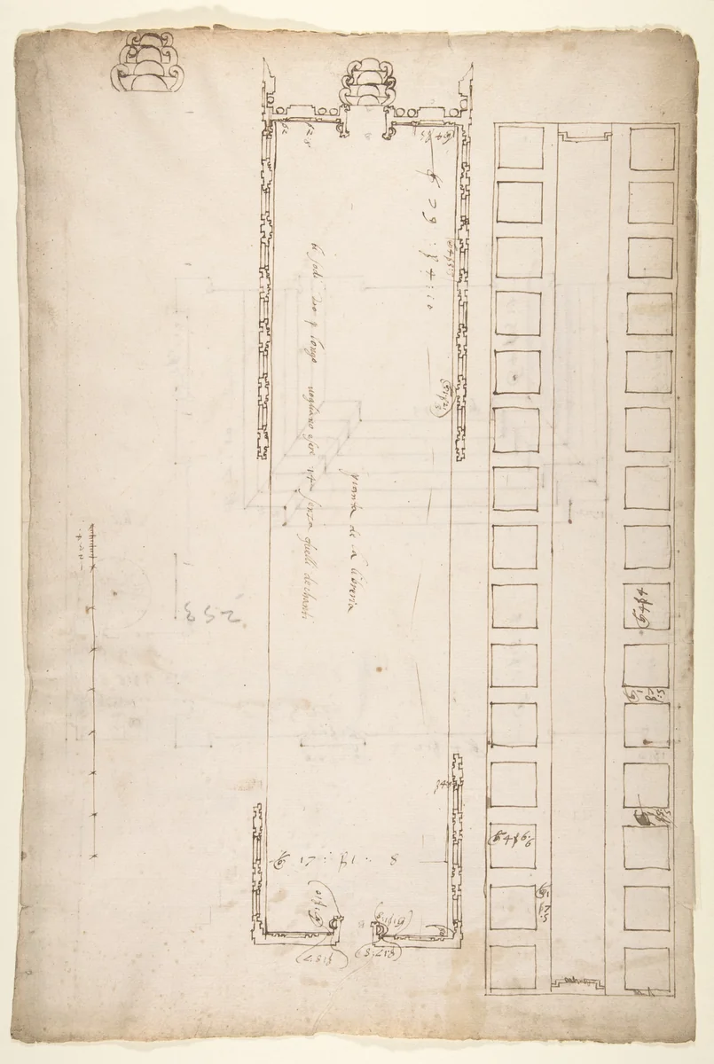 San Lorenzo, Library, plan; reflected ceiling plan; stair, detail (recto) San Lorenzo, Ricetto, plan (verso) by anonymous, drawing, 1500-1560