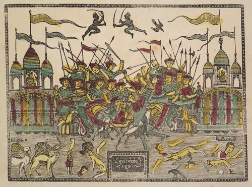 Battle Scene at Kurukshetra from the Mahabharata War (verso), from a Kalighat album by Shri Gobinda Chandra Roy, painting, 1875-1905