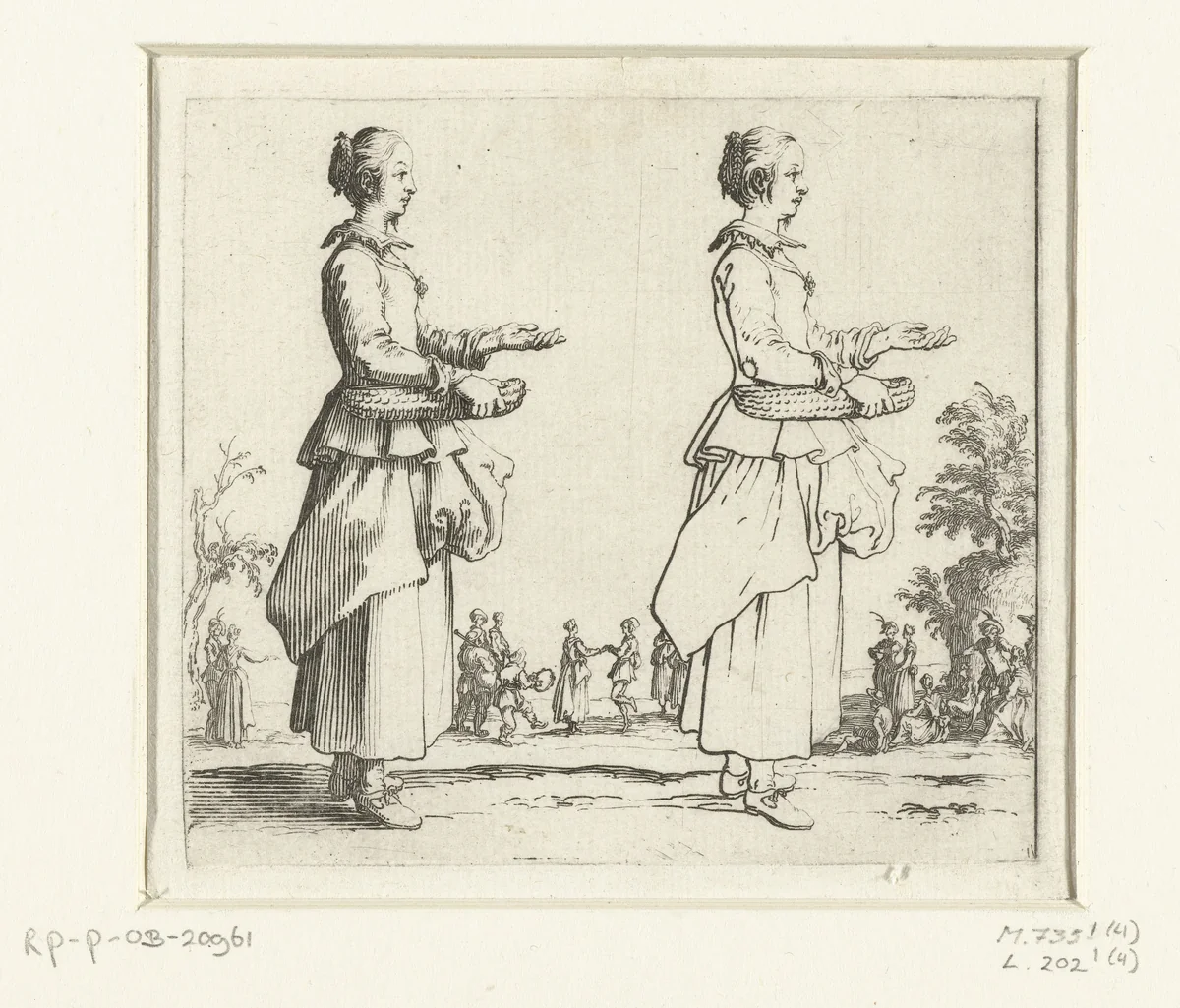 Tweemaal dezelfde boerin met rieten mand, op de rechterzijde gezien by Jacques Callot, print, 1621-1624