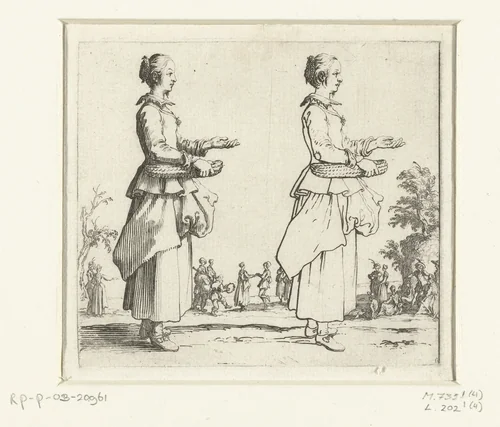 Tweemaal dezelfde boerin met rieten mand, op de rechterzijde gezien by Jacques Callot, print, 1621-1624