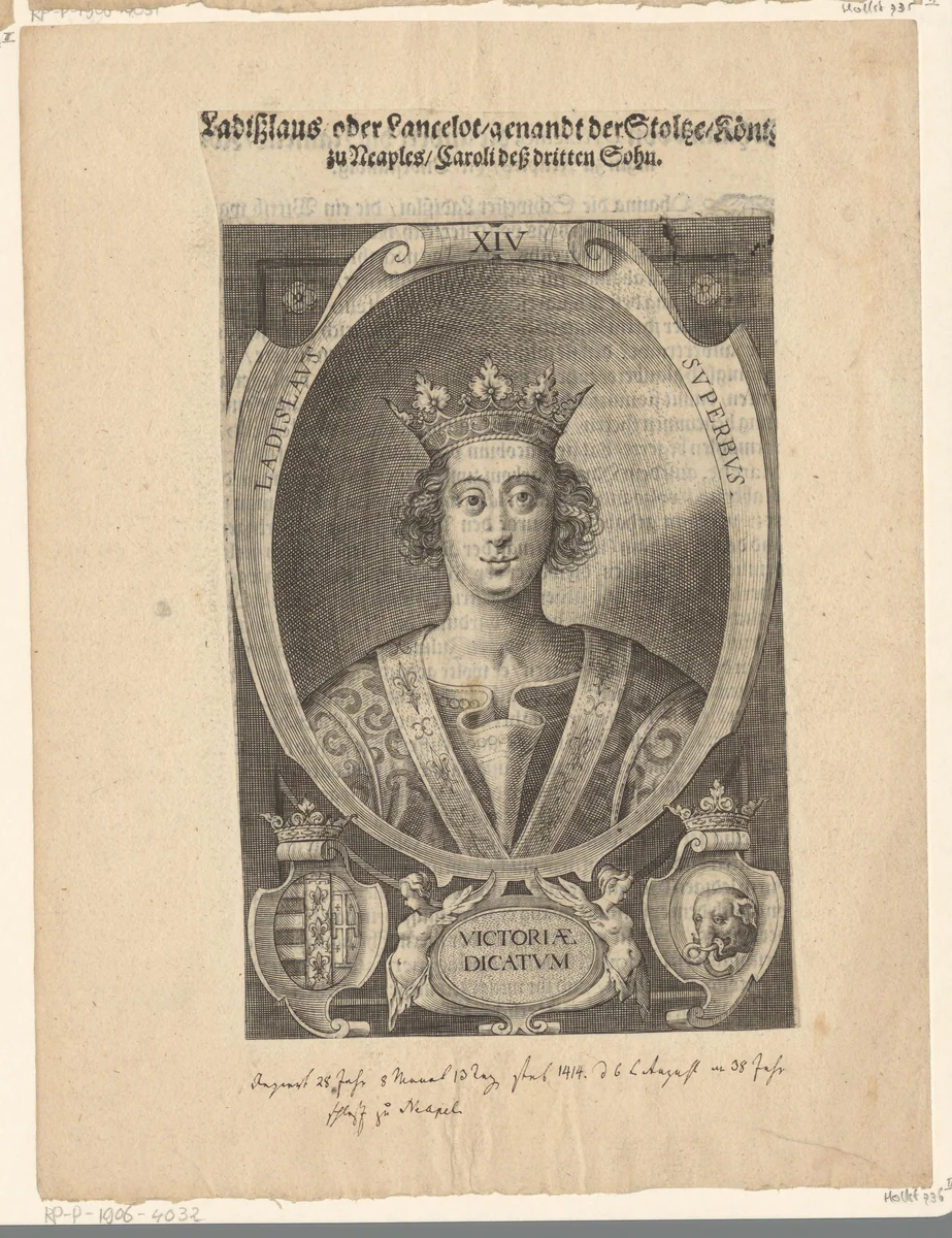 Portret van Ladislaus, koning van Napels by Lucas Kilian, print, 1589-1626