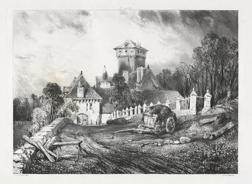 Voyages pittoresques et romantiques dans l'ancienne France, Auvergne: Château de Pesteil à Polminhac by Eugène Isabey, print, 1832