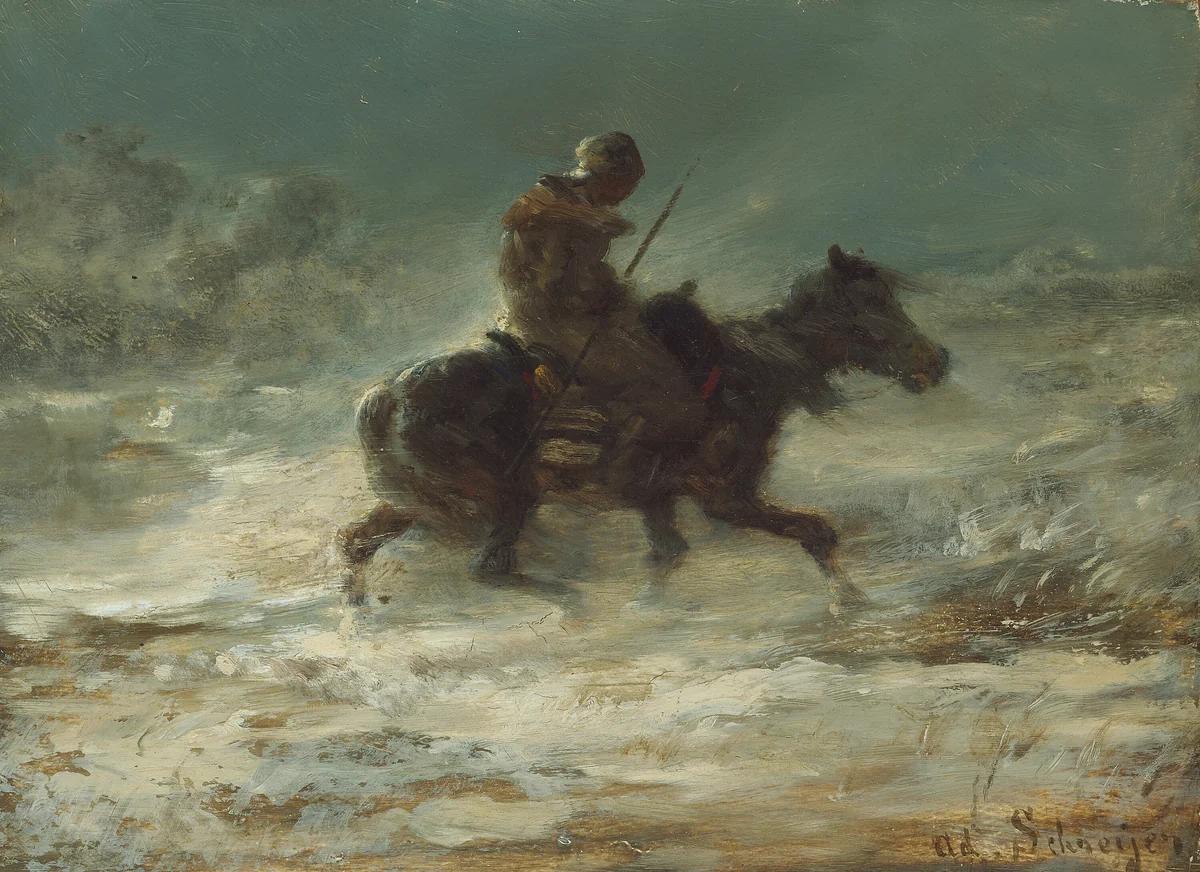 Man with Lance Riding through the Snow by Adolphe Schreyer, painting, 1875-1885