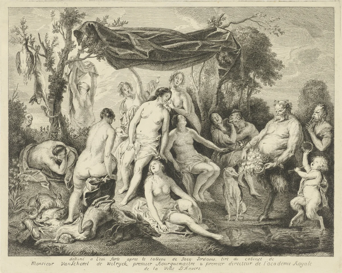 Badende Diana en Silenus by Andries Lens, print, 1749-1822