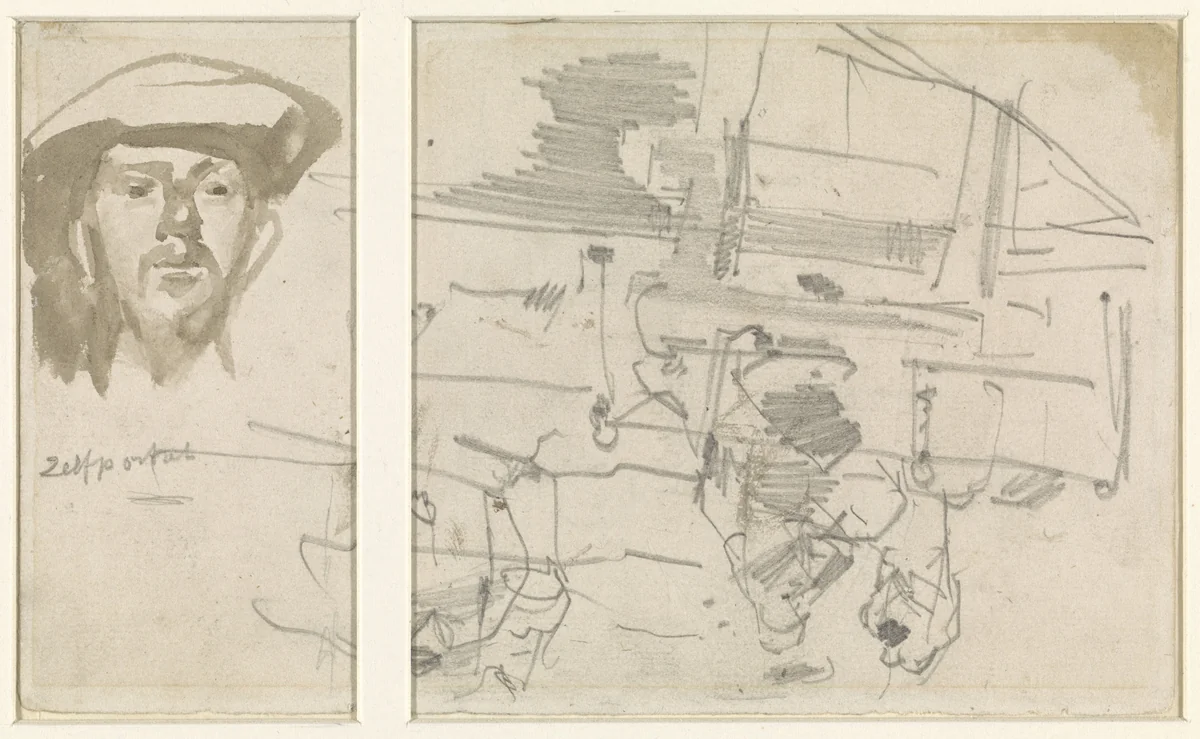Zelfportret van George Hendrik Breitner met schets by George Hendrik Breitner, drawing, 1880-1923