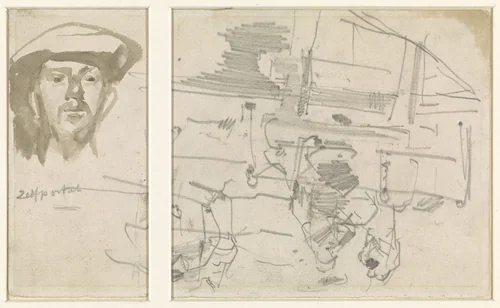 Zelfportret van George Hendrik Breitner met schets by George Hendrik Breitner, drawing, 1880-1923