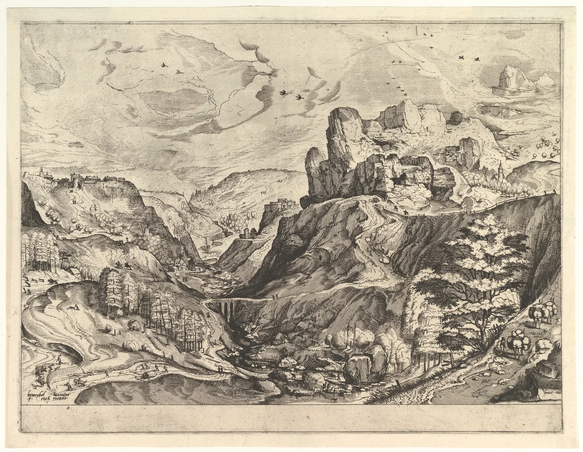 Alpine Landscape with a Deep Valley, from "The Large Landscapes" by Johannes van Doetecum, print, 1550-1560