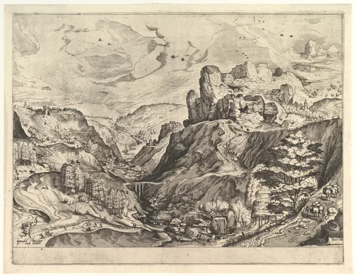 Alpine Landscape with a Deep Valley, from "The Large Landscapes" by Johannes van Doetecum, print, 1550-1560
