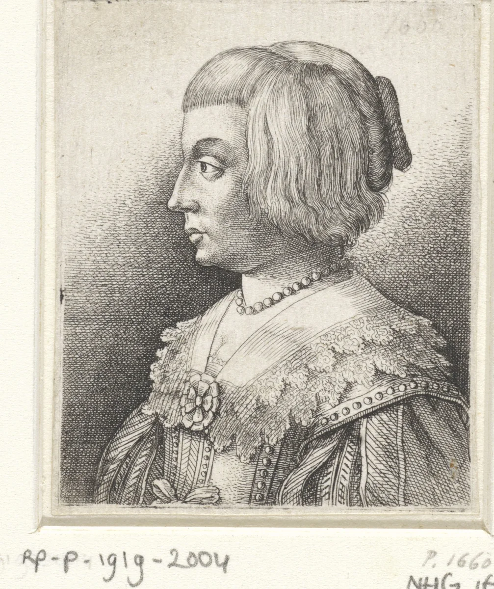 Portret van een jonge vrouw met kraag en rozet by Wenceslaus Hollar, print, 1635