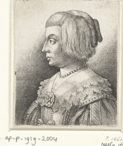 Portret van een jonge vrouw met kraag en rozet by Wenceslaus Hollar, print, 1635