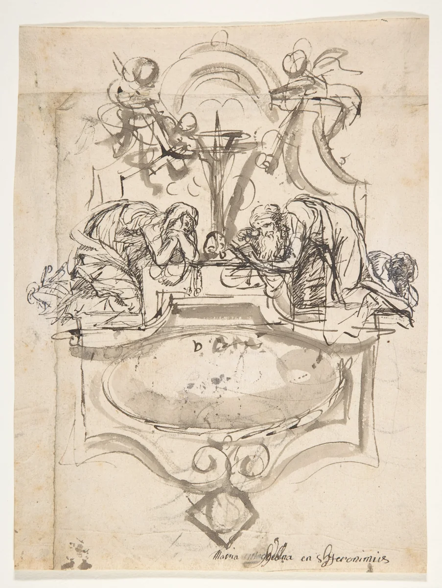 Design for a sepulchral monument with Mary Magdalen and Saint Jerome (recto); Sketch (counterproof) and writing exercises (verso) by Pieter Verbruggen, drawing, 1686-1724