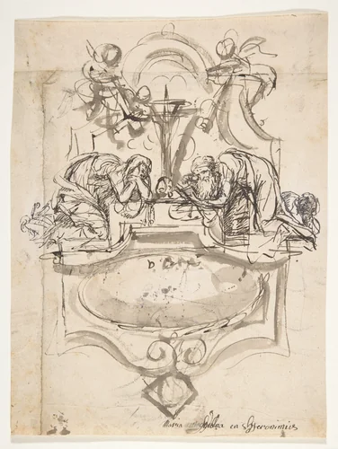 Design for a sepulchral monument with Mary Magdalen and Saint Jerome (recto); Sketch (counterproof) and writing exercises (verso) by Pieter Verbruggen, drawing, 1686-1724