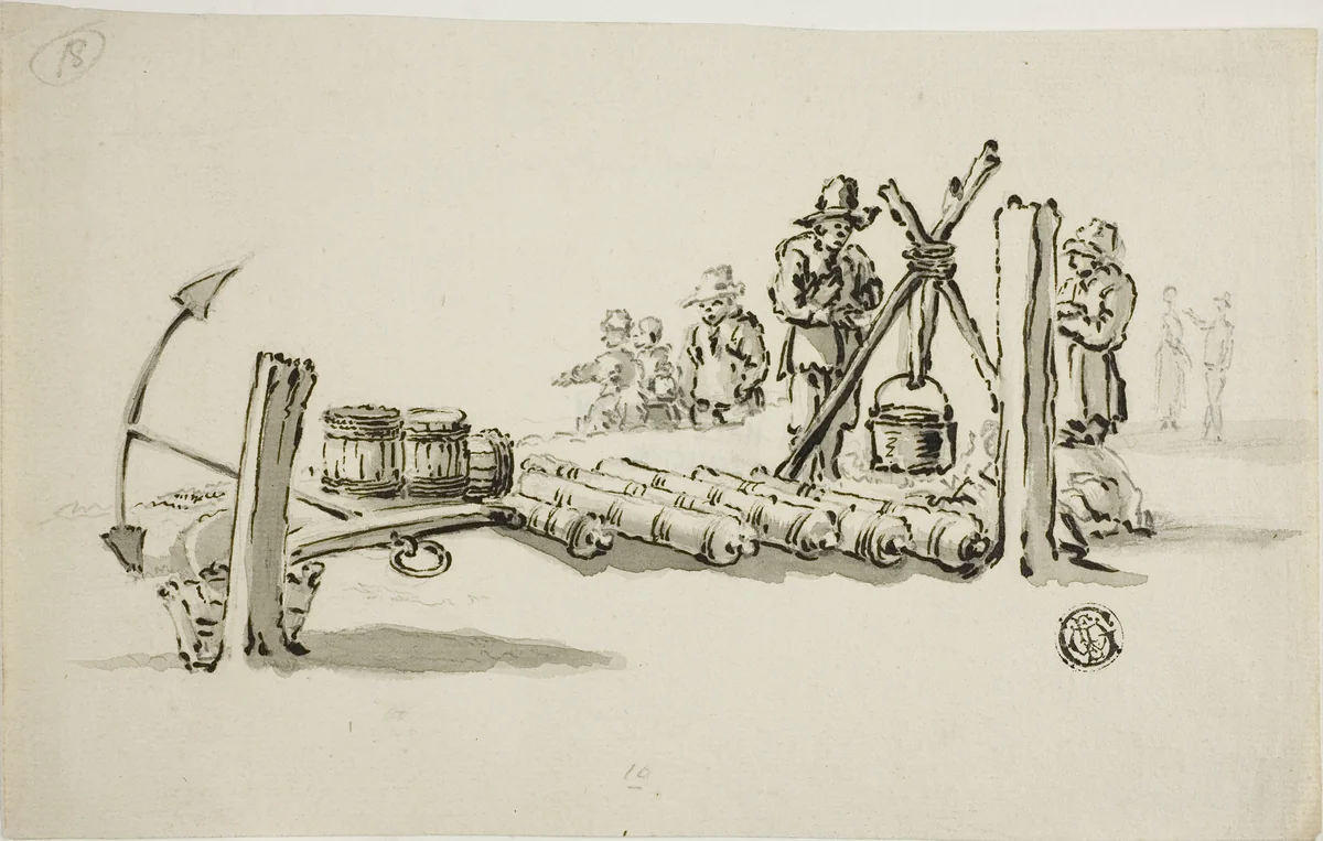 Men with Cannons, Kegs of Powder and an Anchor by Willem van d Velde, drawing, 1631-1693