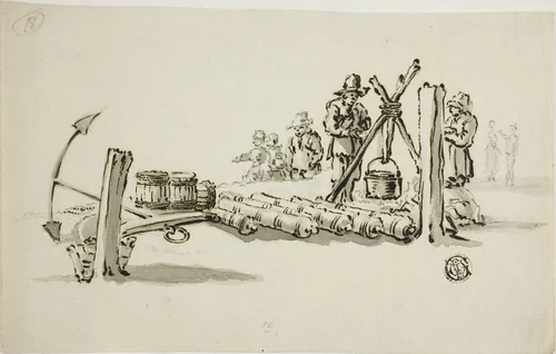 Men with Cannons, Kegs of Powder and an Anchor by Willem van d Velde, drawing, 1631-1693