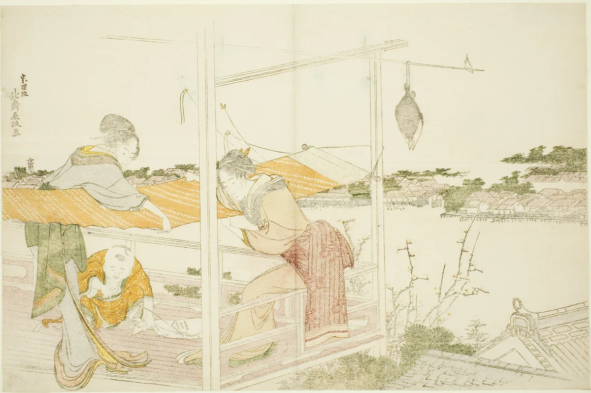 Women on a Veranda Stretching Cloth to Dry by Katsushika Hokusai (葛飾 北斎), print, 1794-1804