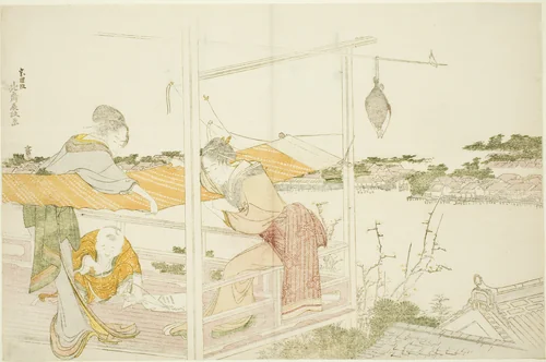 Women on a Veranda Stretching Cloth to Dry by Katsushika Hokusai (葛飾 北斎), print, 1794-1804
