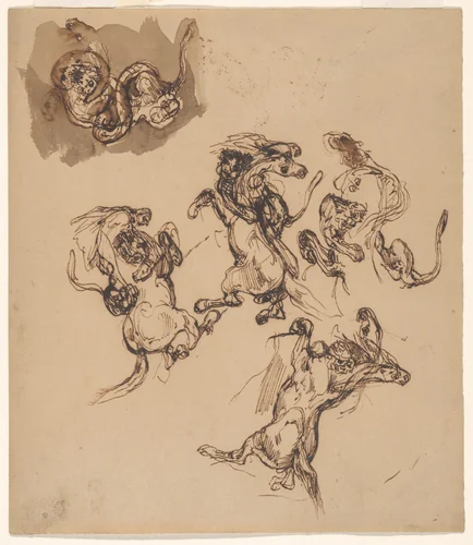 Studies of a Rearing Horse Attacked by a Lion and a Lion Wrestling with a Serpent by Eugène Delacroix, drawing, 1830-1839