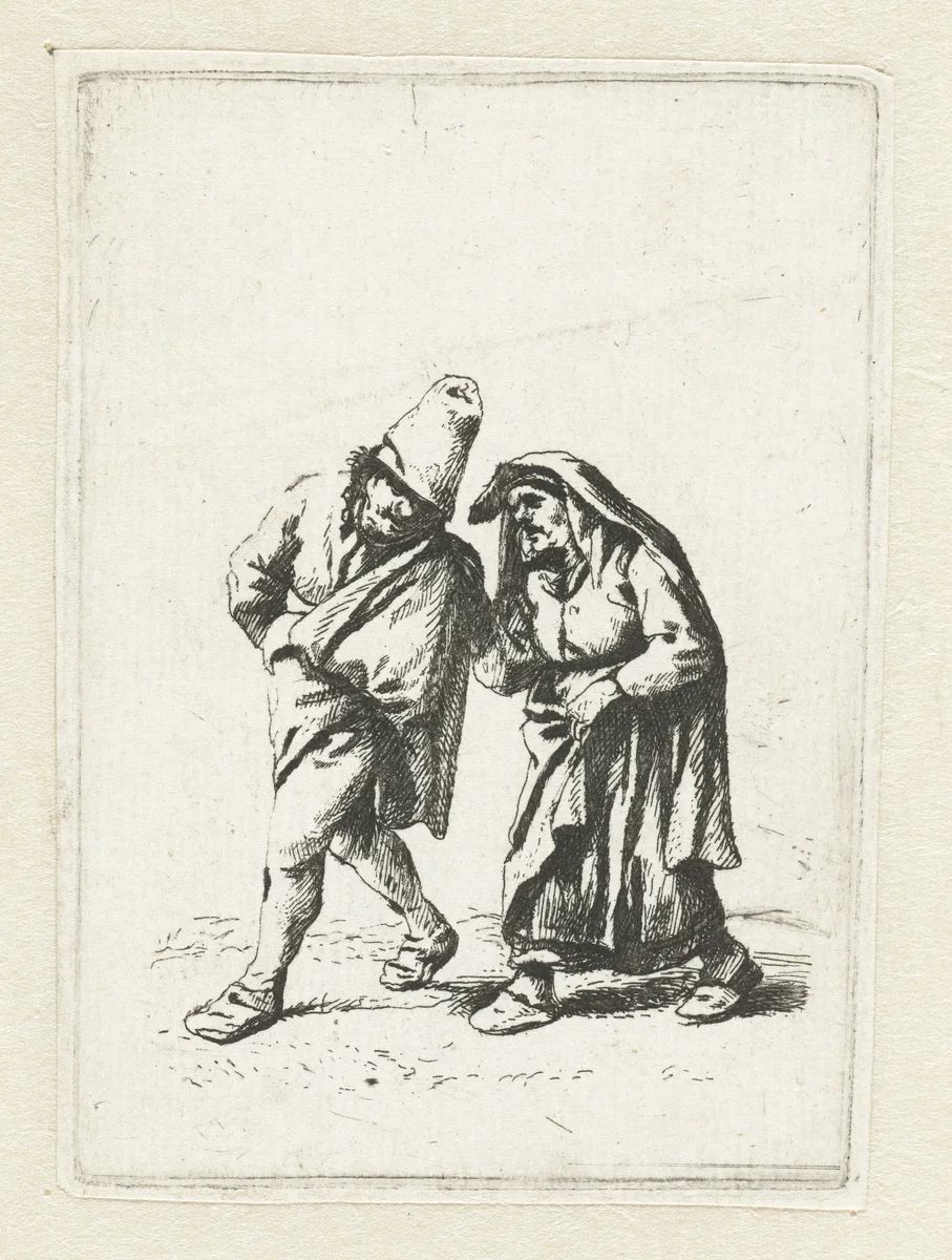 Wandelend boerenpaar by anonymous, print, 1646-1745