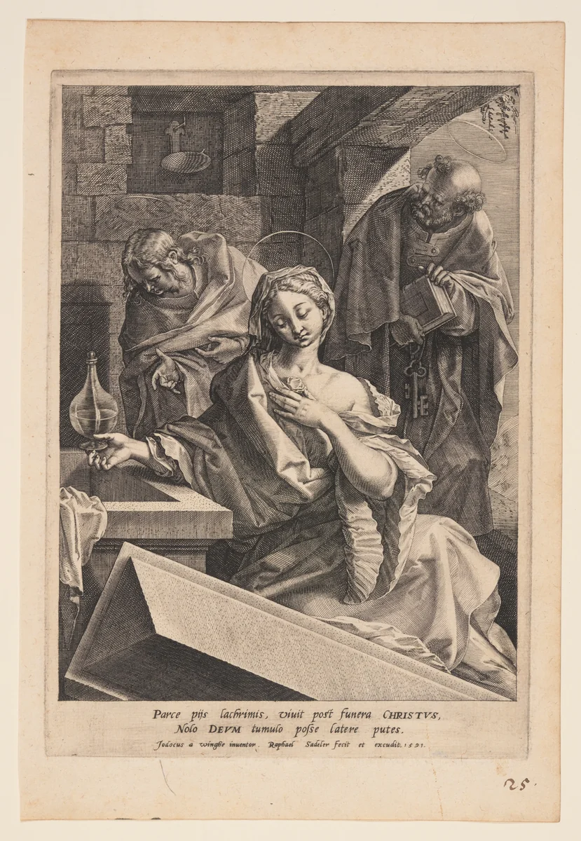Mary Magdalene, Saint John, and Saint Peter at the Sepulchre by Raphael Sadeler I, print, 1591
