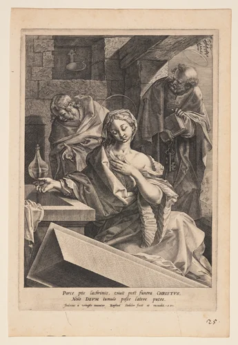 Mary Magdalene, Saint John, and Saint Peter at the Sepulchre by Raphael Sadeler I, print, 1591