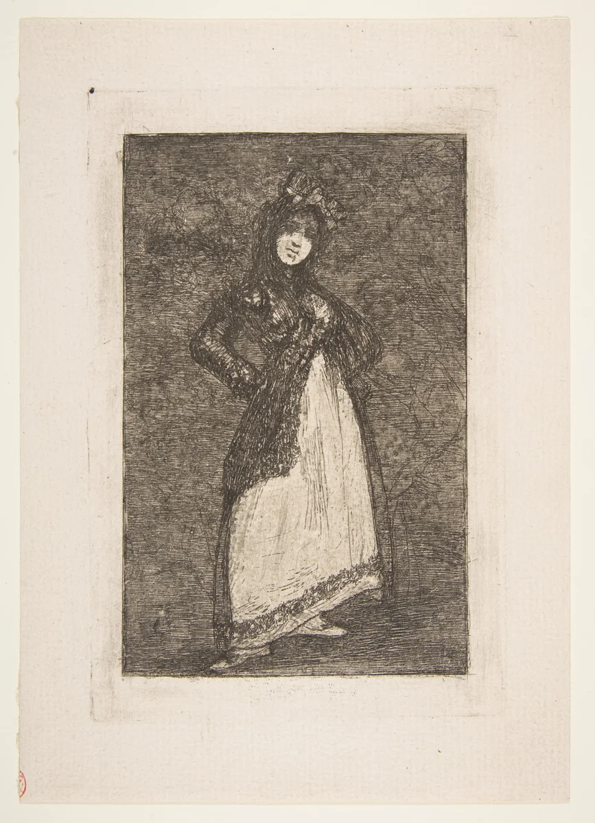 A Maja standing against a dark background with figures by Goya, print, 1859