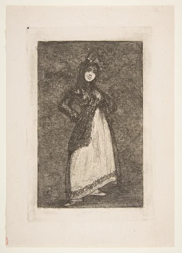 A Maja standing against a dark background with figures by Goya, print, 1859