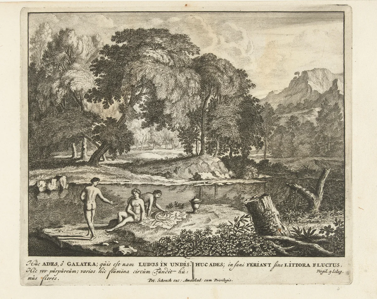 Drie nimfen baden in een meertje by Jan van Call, print, 1666-1706