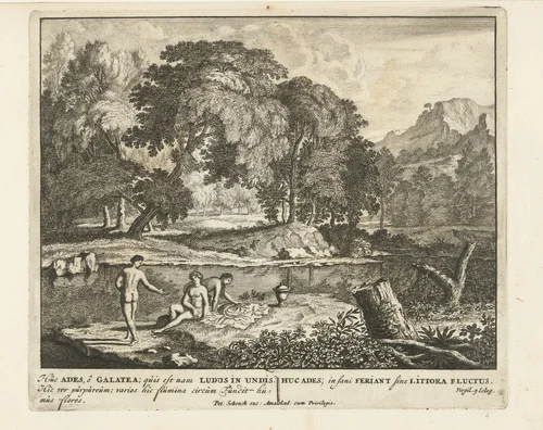 Drie nimfen baden in een meertje by Jan van Call, print, 1666-1706