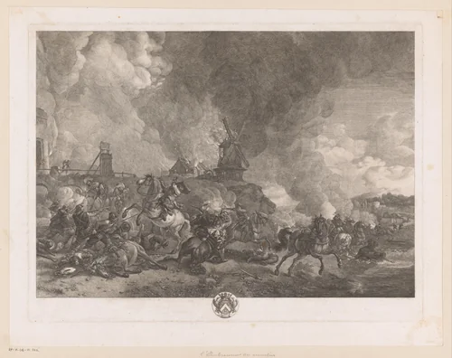 Ruitergevecht voor een molen by Jean Moyreau, print, 1733-1762