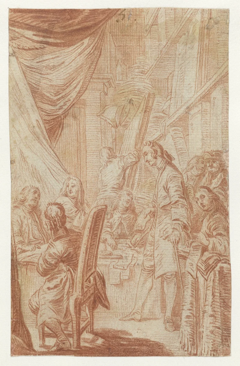 Interieur van een notaris- of loterijkantoor by Charles Nicolas Cochin, drawing, 1725-1790