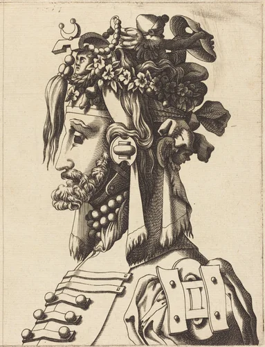 Bust of a Man in an Extravagant Costume by Pierre Milan, print, 1500-1599