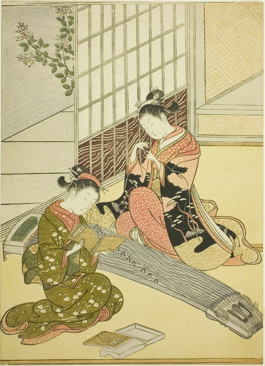 Descending Geese of the Koto Bridges (Kotoji no rakugan), from the series "Eight Views of the Parlor (Zashiki hakkei)" by Suzuki Harunobu (鈴木春信), print, 1761-1770